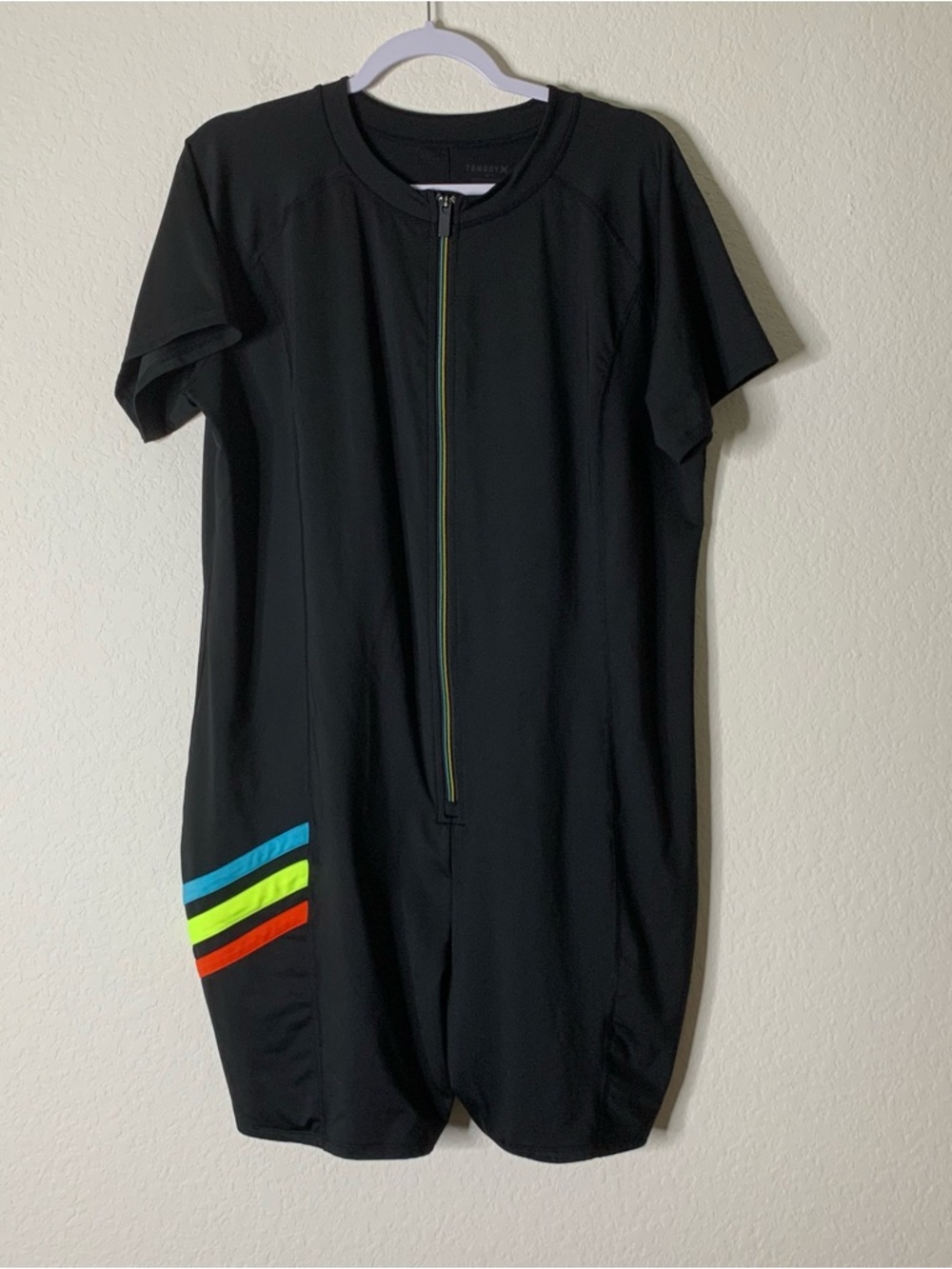 TomboyX Swim 6″ Unisuit – Black With Orange Yellow & Blue Stripes 4X
